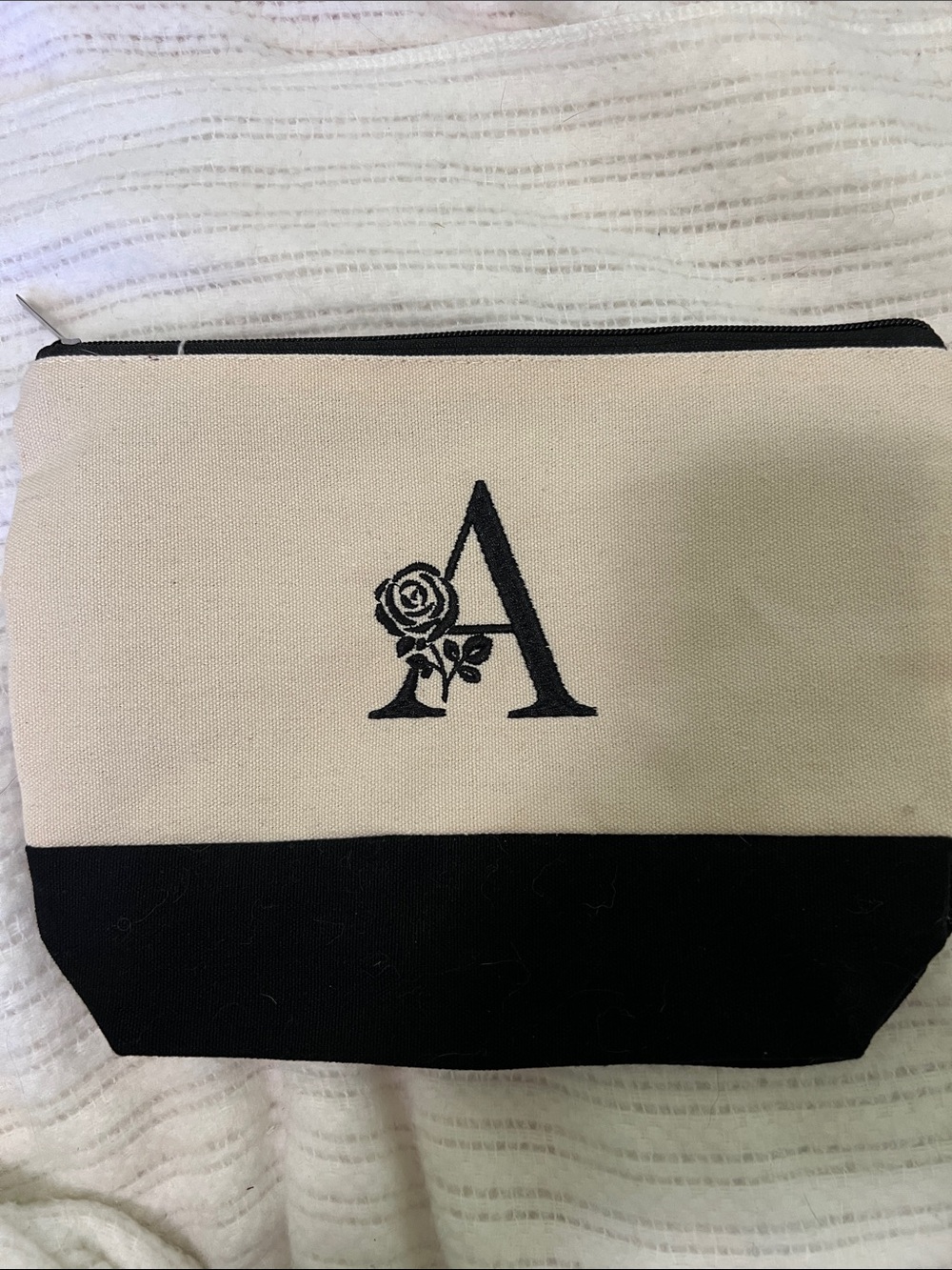Monogram 'A' Canvas Zip Pouch in Black and Cream 12x9”